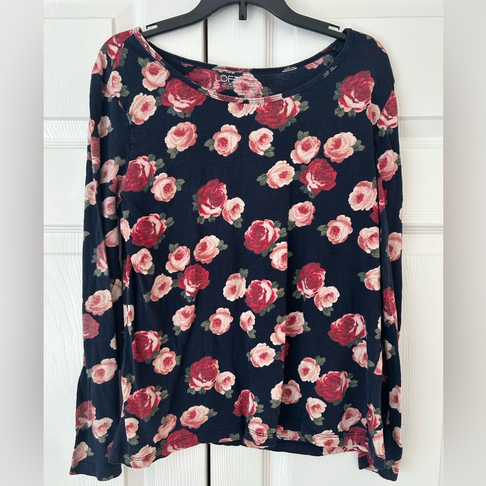 LOFT Women’s Blue/Red Flower Print Long Sleeve Cotton Tunic Blouse Shirt Size S